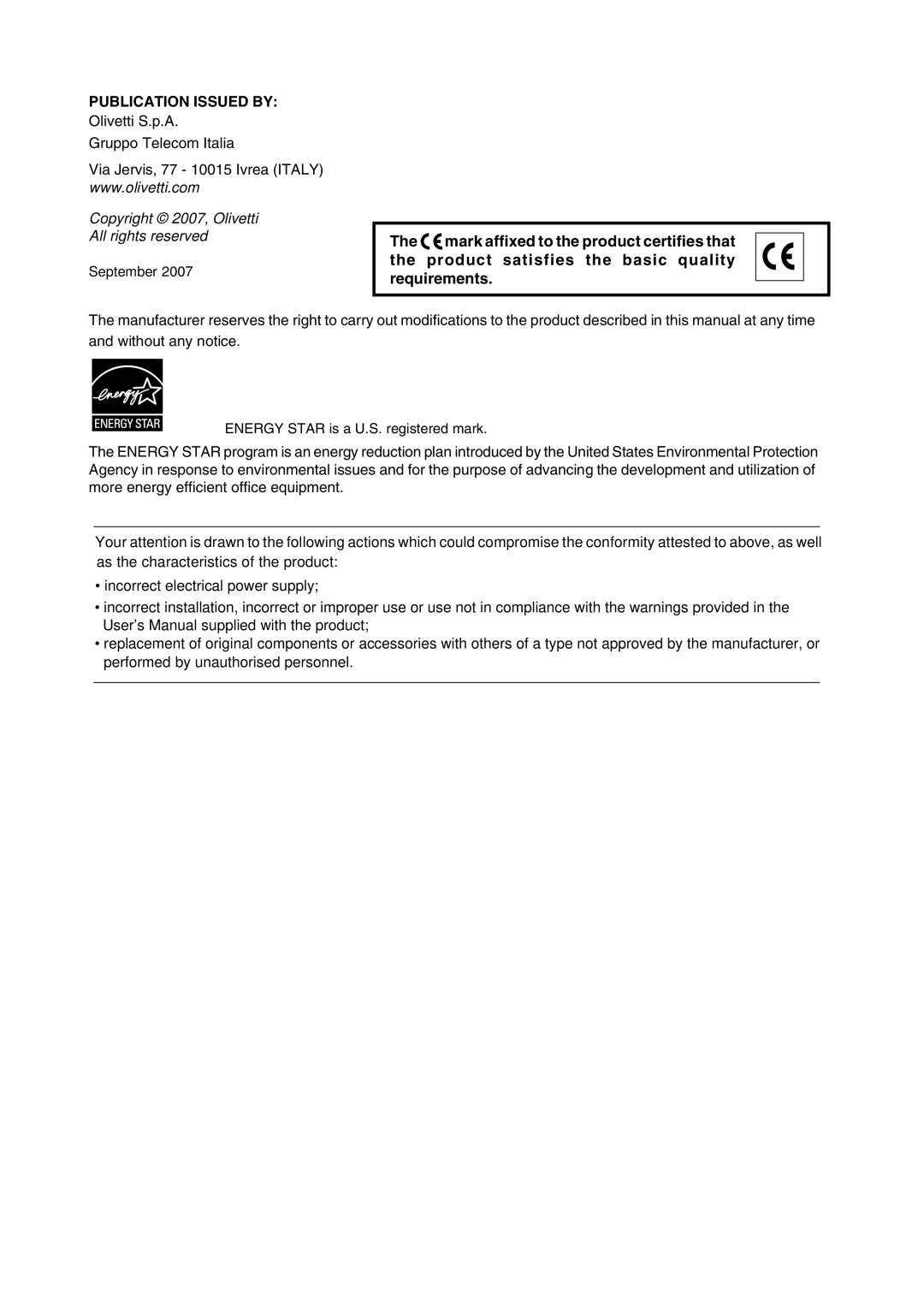 Olivetti PG L230, PG L245, PG L235 manual Publication Issued by 