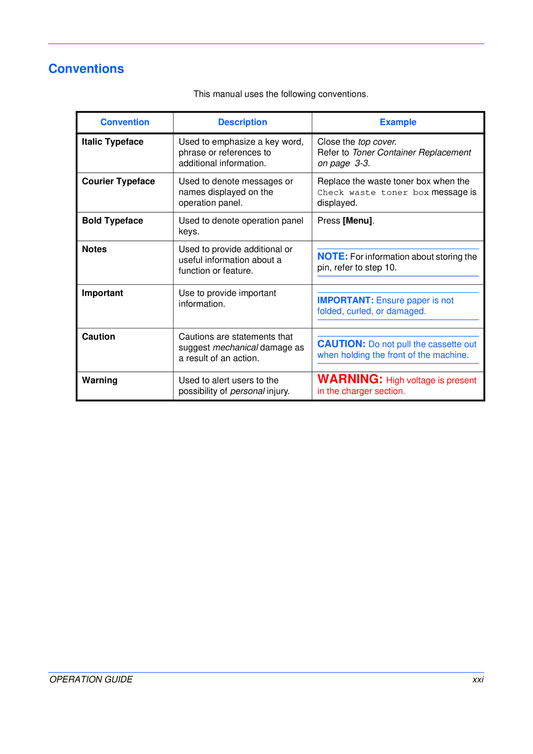 Olivetti PG L230, PG L245, PG L235 manual Conventions, Convention Description Example 