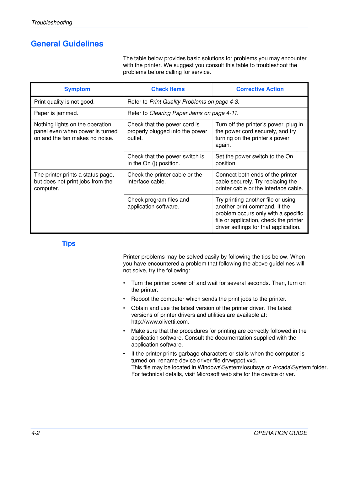 Olivetti PG L230, PG L245, PG L235 manual General Guidelines, Tips, Symptom Check Items Corrective Action 