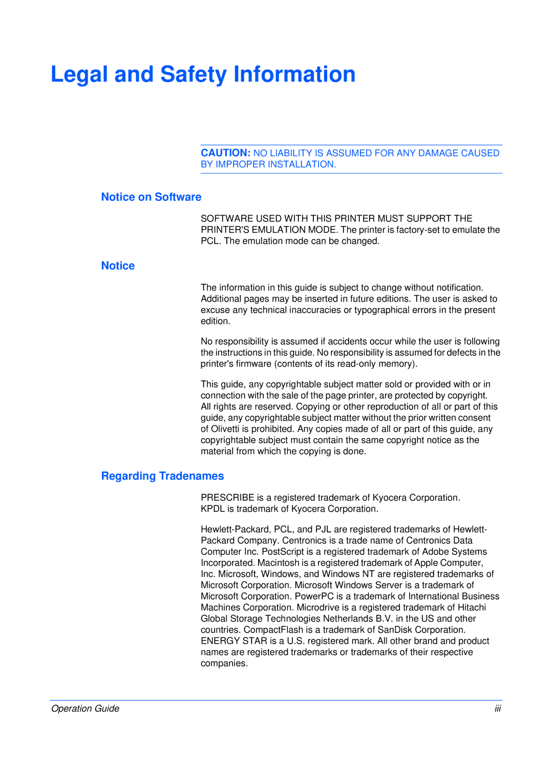 Olivetti PG L230, PG L245, PG L235 manual Legal and Safety Information, Regarding Tradenames 