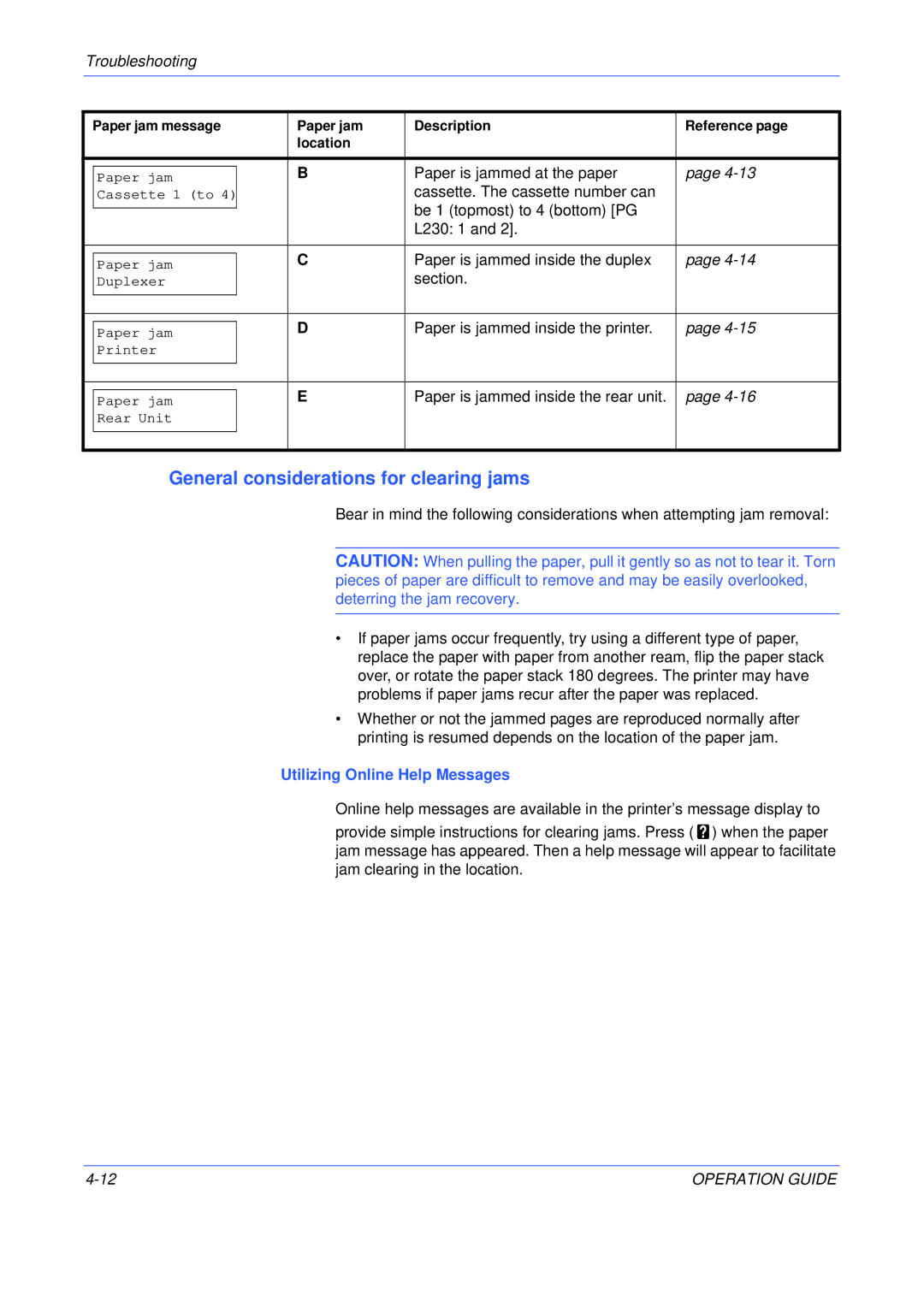 Olivetti PG L245, PG L235, PG L230 manual General considerations for clearing jams, Utilizing Online Help Messages 