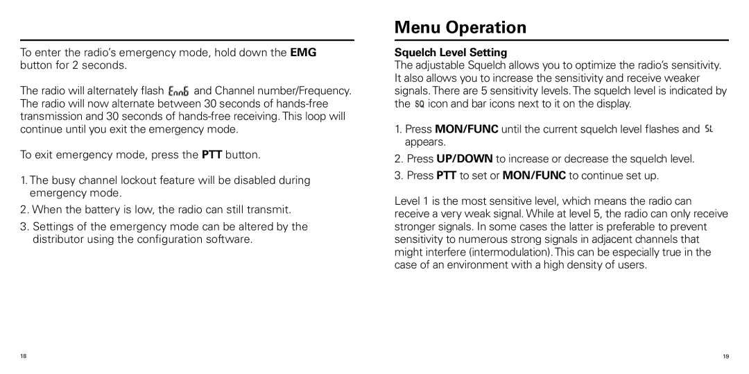 Olympia P324ERBD manual Menu Operation, Squelch Level Setting 