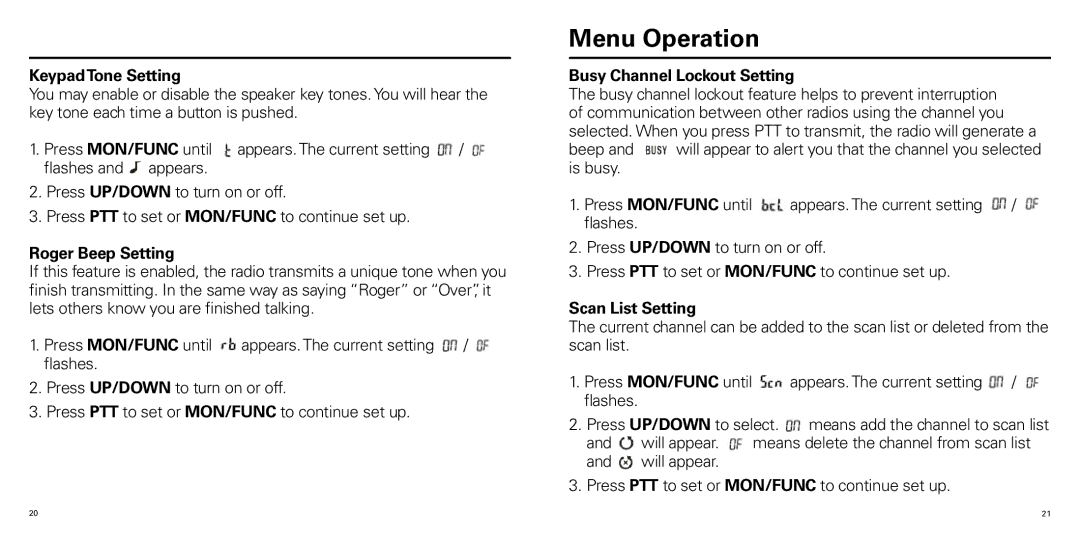 Olympia P324ERBD manual KeypadTone Setting, Roger Beep Setting, Busy Channel Lockout Setting, Scan List Setting 