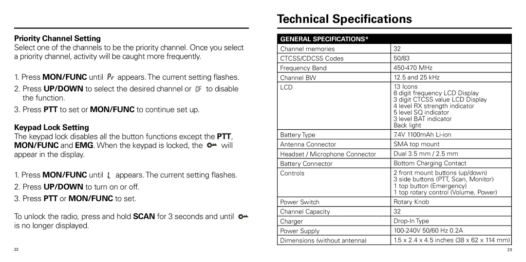 Olympia P324ERBD manual Technical Specifications, Priority Channel Setting, Keypad Lock Setting 