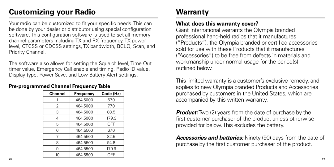 Olympia P324ERBD manual Customizing your Radio, Warranty, Pre-programmed Channel Frequency Table 