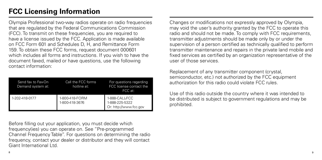 Olympia P324ERBD manual FCC Licensing Information 