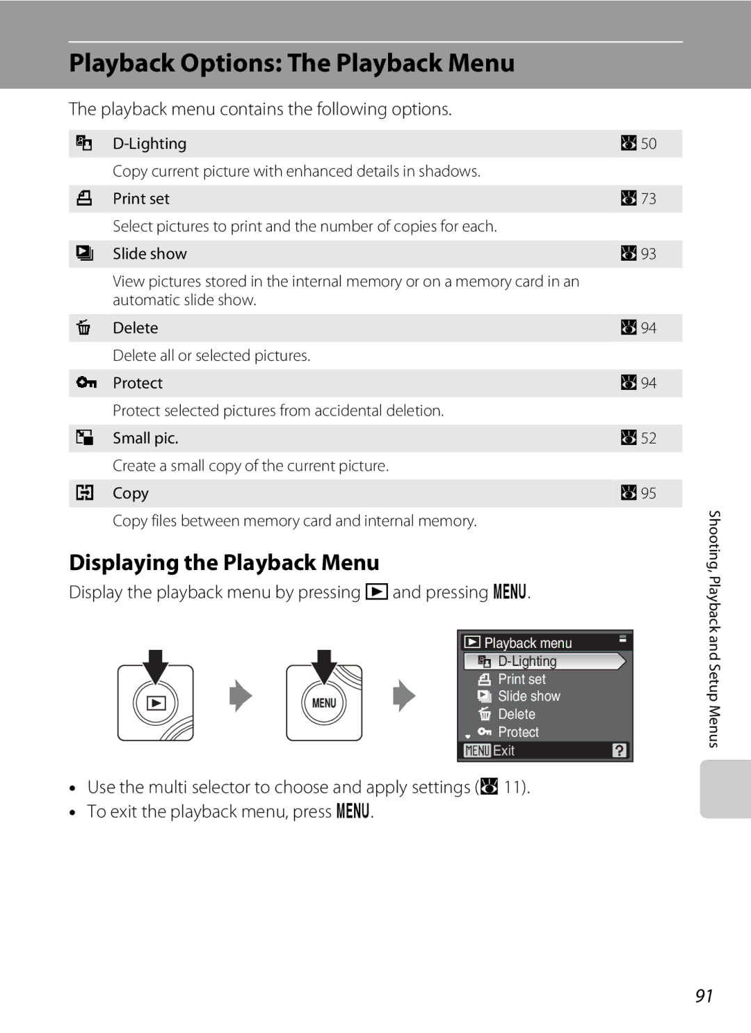 Olympia P60 Playback Options The Playback Menu, Displaying the Playback Menu, Playback menu contains the following options 