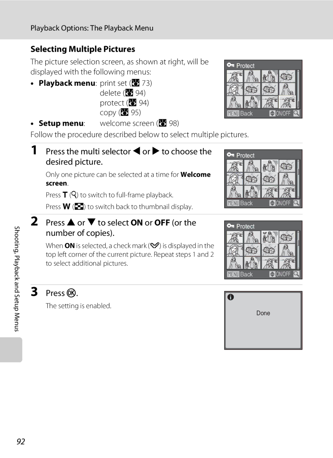 Olympia P60 manual Selecting Multiple Pictures, Press the multi selector Jor Kto choose, Desired picture, Number of copies 