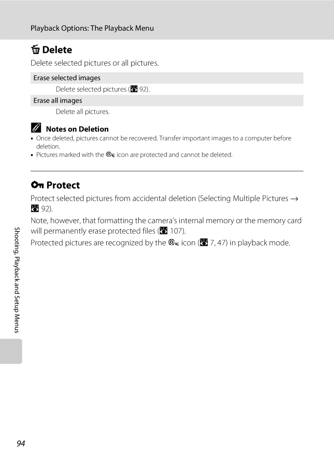 Olympia P60 manual Protect, Delete selected pictures or all pictures 