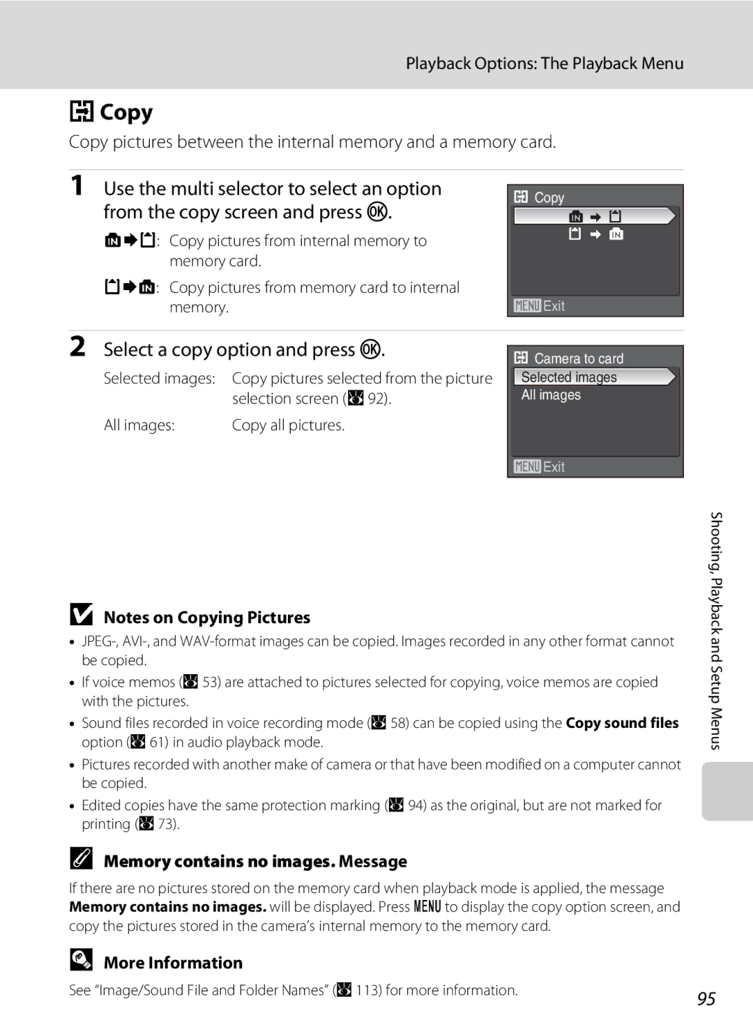 Olympia P60 manual Copy, Select a copy option and press k, Memory contains no images. Message 