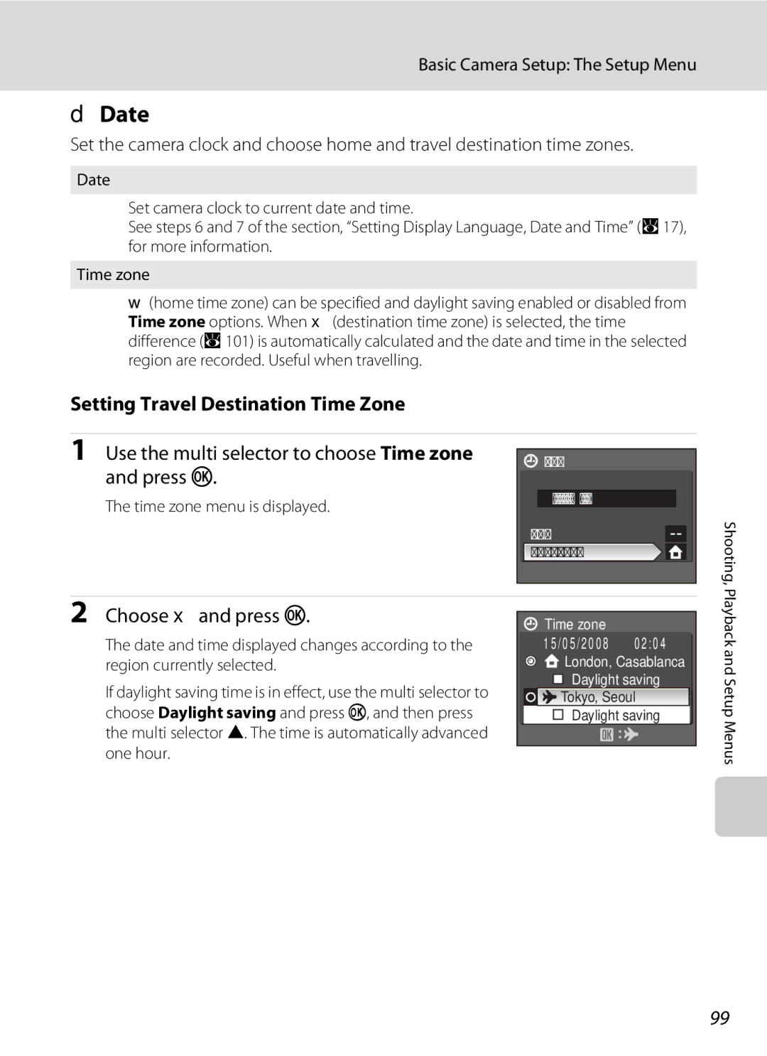 Olympia P60 manual Date, Setting Travel Destination Time Zone, Use the multi selector to choose Time zone and press k 