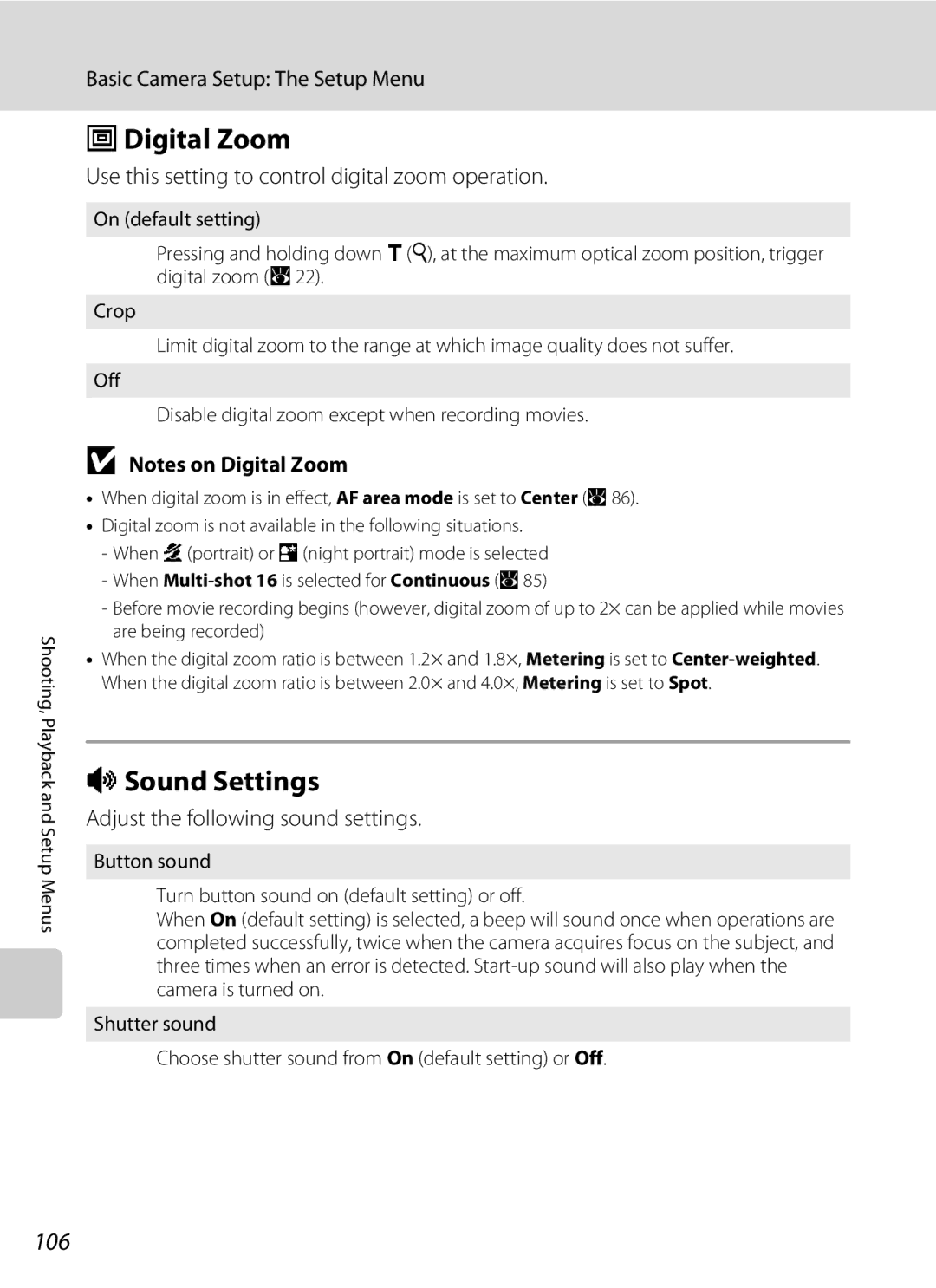 Olympia P60 manual UDigital Zoom, ISound Settings, 106, Use this setting to control digital zoom operation 