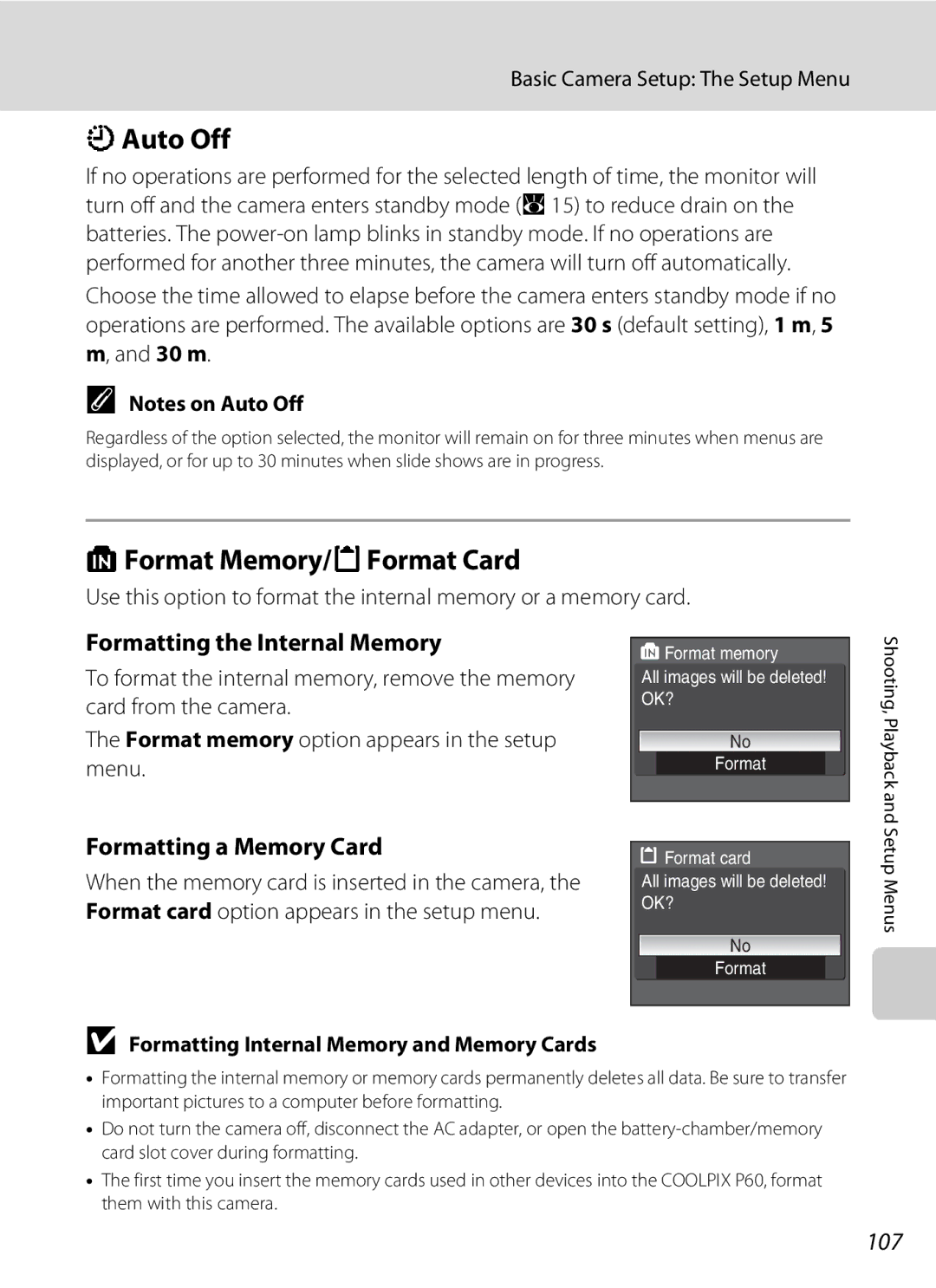 Olympia P60 manual KAuto Off, Format Memory/mFormat Card, Formatting the Internal Memory, Formatting a Memory Card, 107 