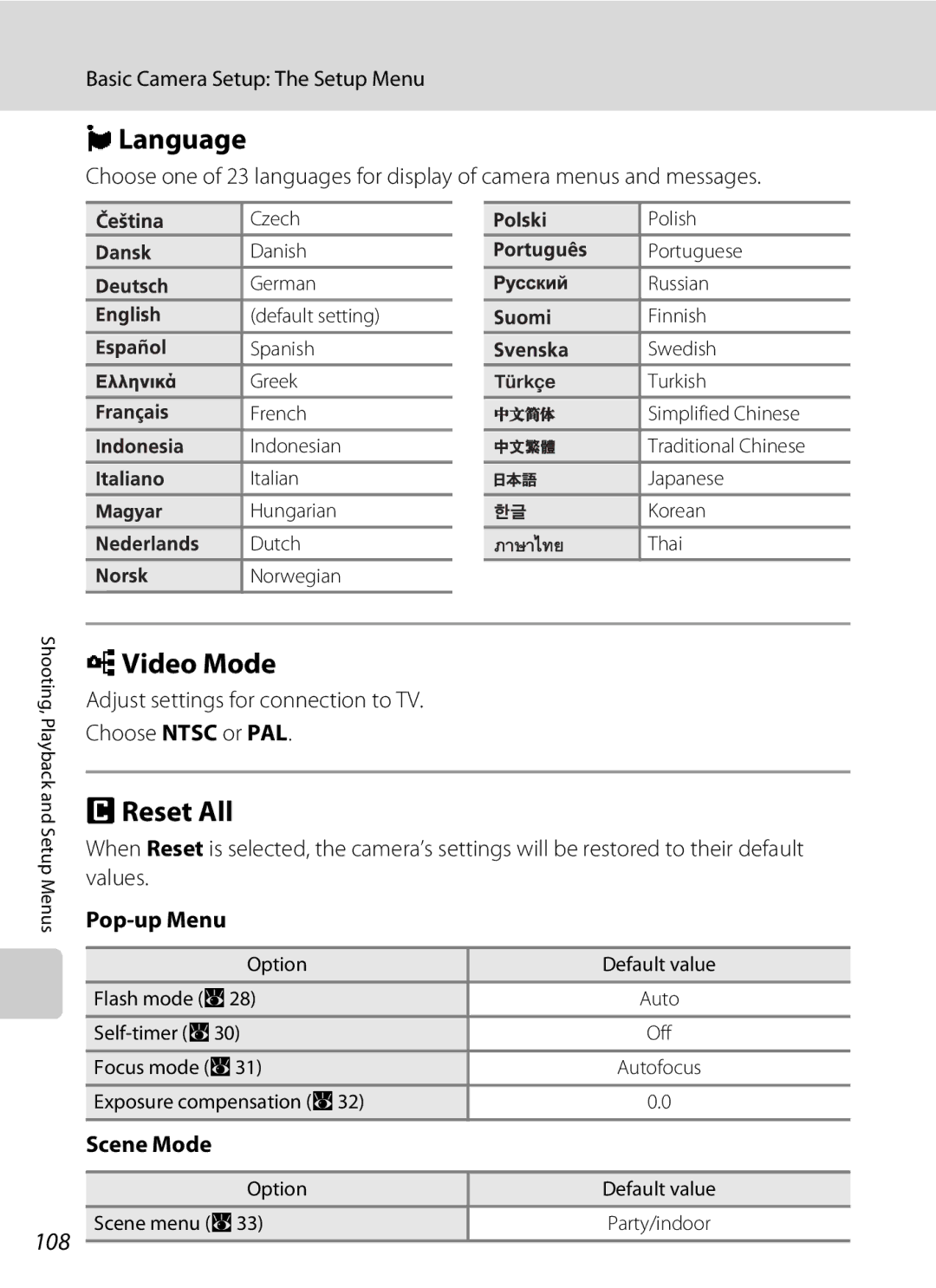 Olympia P60 manual Language, OVideo Mode, PReset All, 108 