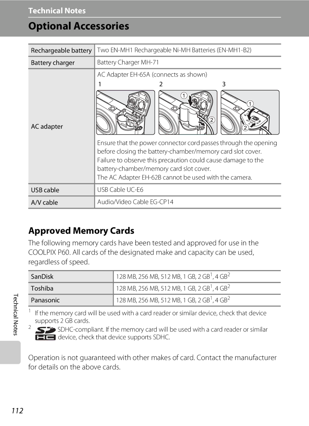 Olympia P60 manual Optional Accessories, Approved Memory Cards, 112 