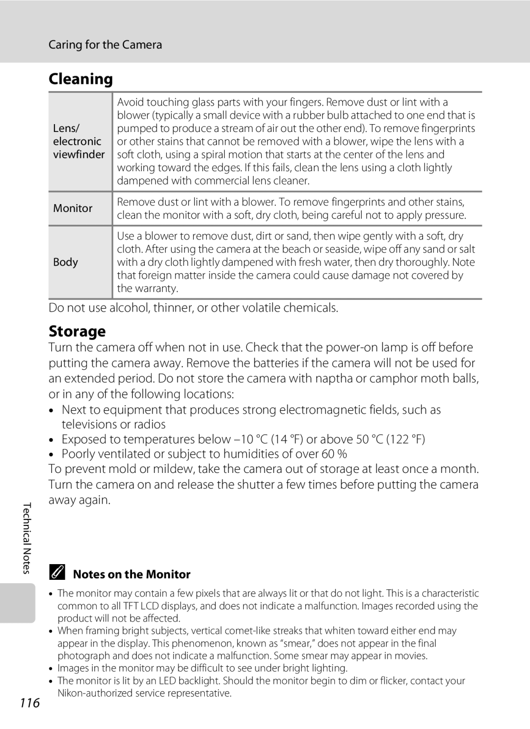 Olympia P60 manual Cleaning, Storage, 116, Do not use alcohol, thinner, or other volatile chemicals 