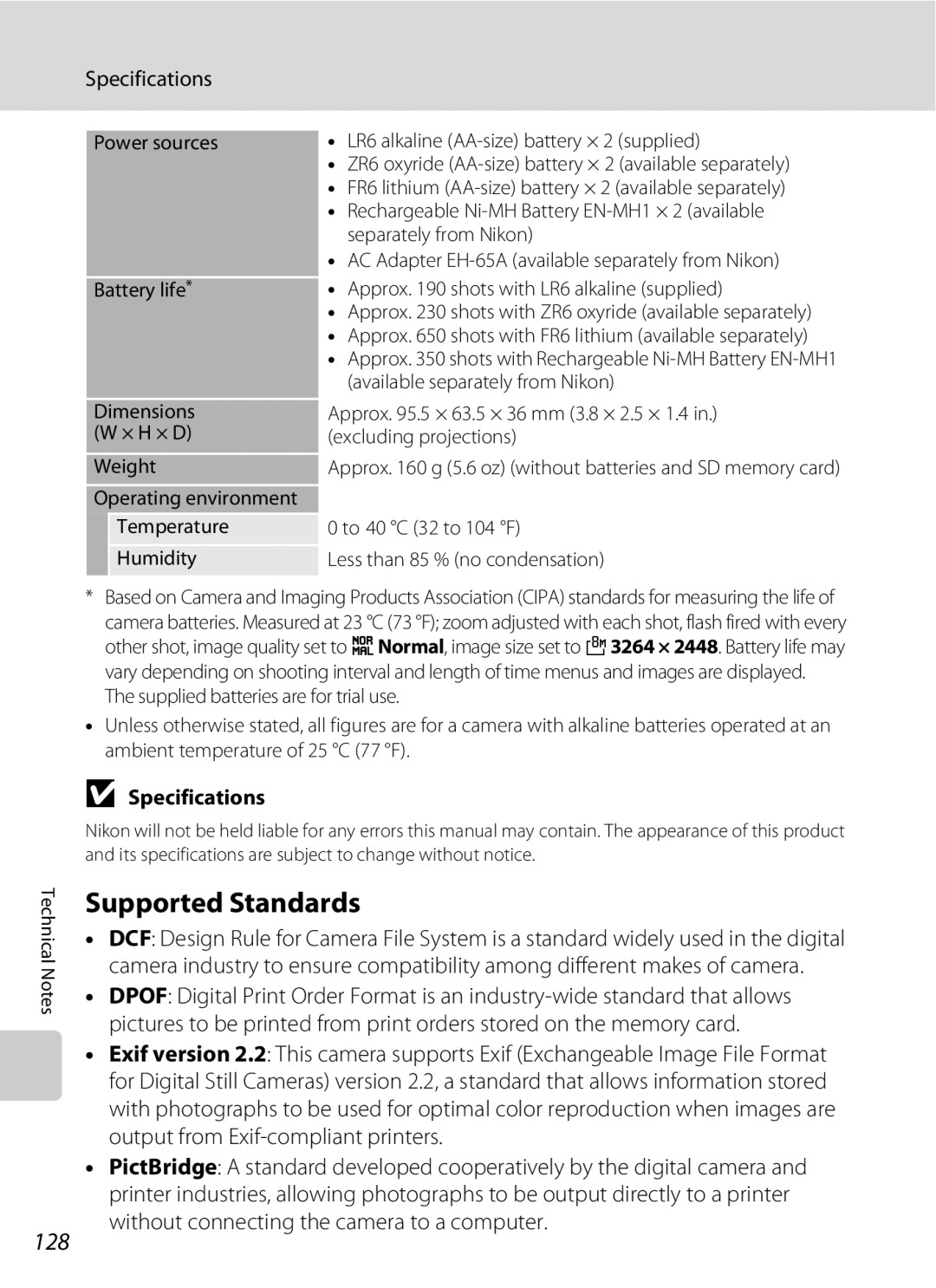 Olympia P60 manual Supported Standards, 128, Specifications 