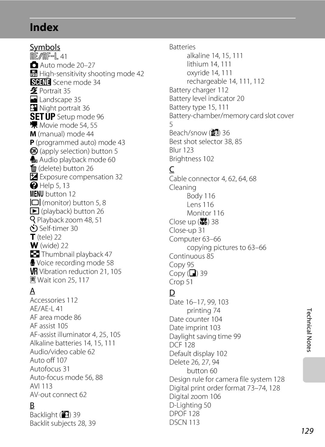 Olympia P60 manual Index, Symbols, 129 