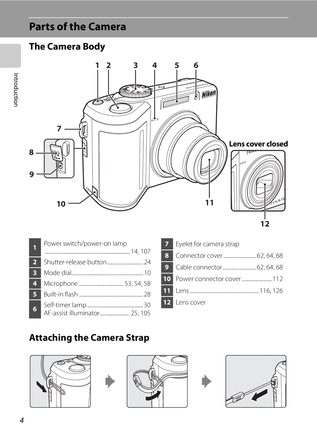 Olympia P60 manual Parts of the Camera, Camera Body, Attaching the Camera Strap, Lens cover closed 