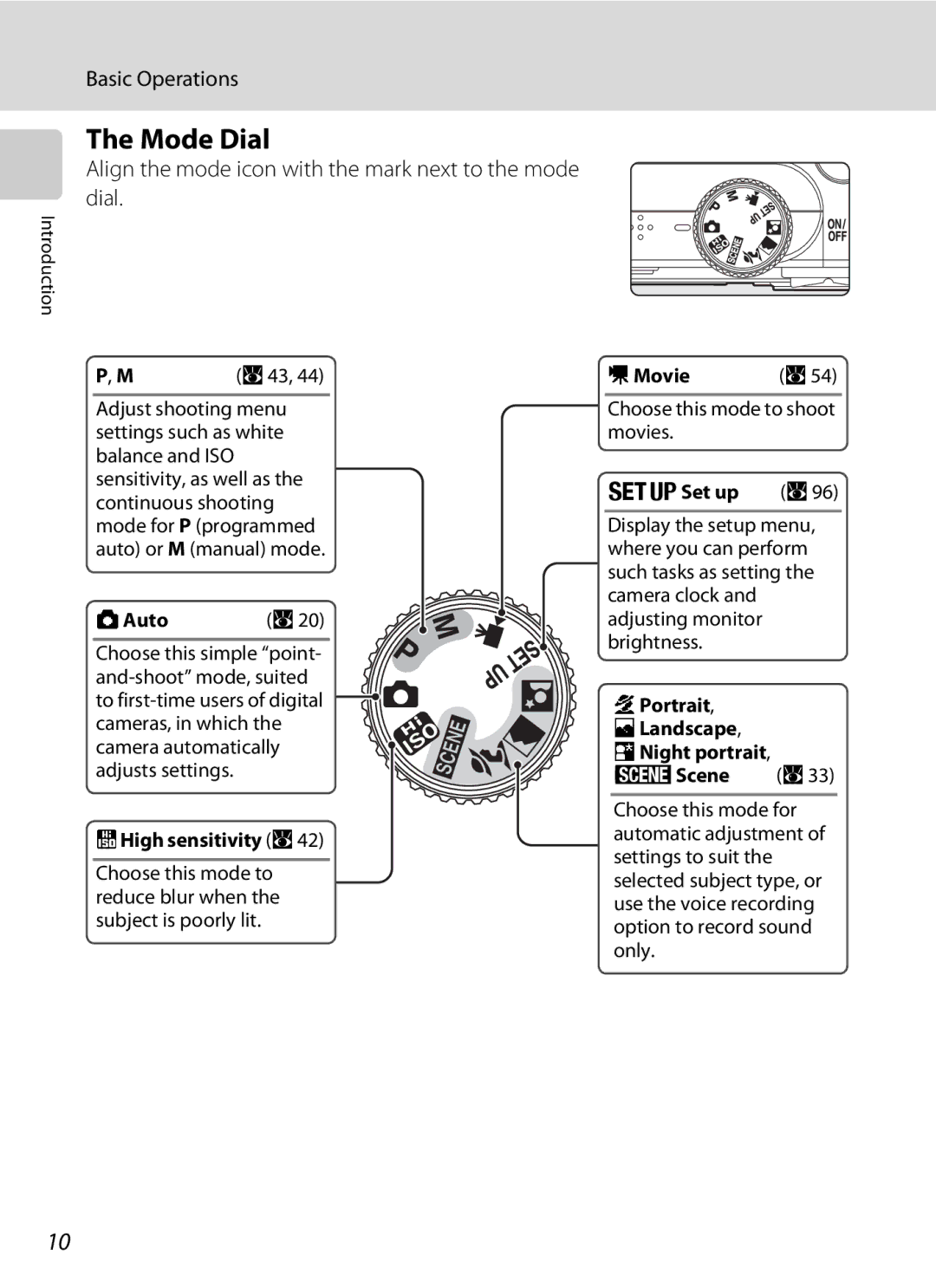 Olympia P60 manual Mode Dial, Align the mode icon with the mark next to the mode dial 