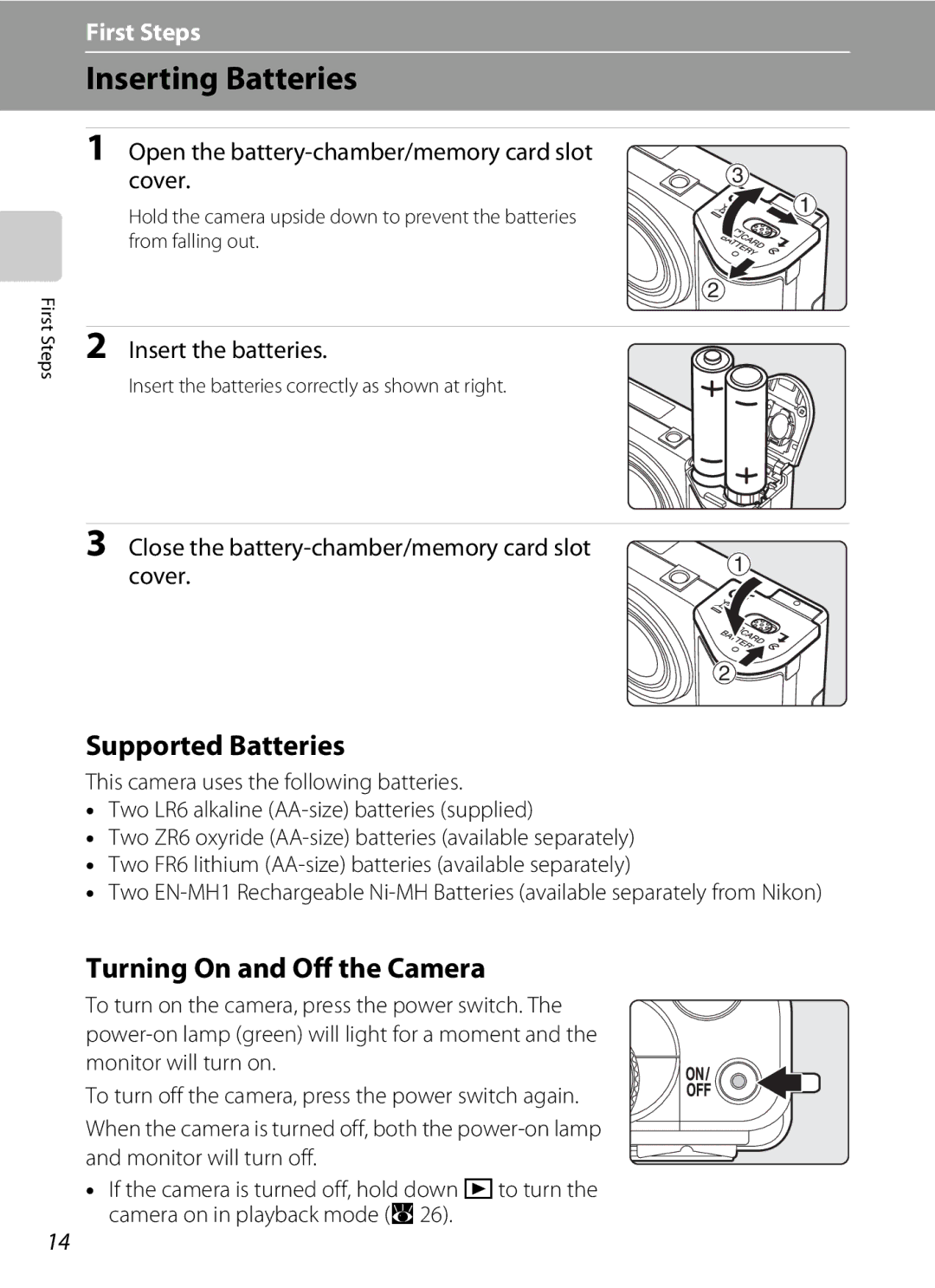 Olympia P60 manual Inserting Batteries, Supported Batteries, Turning On and Off the Camera 