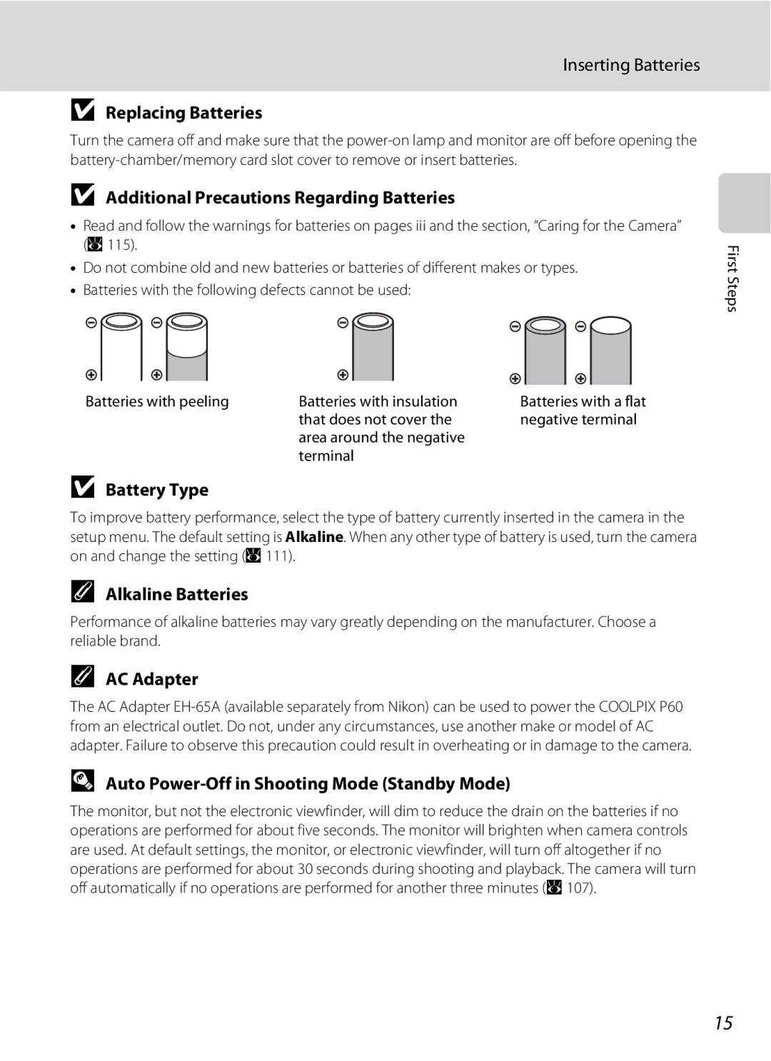 Olympia P60 Replacing Batteries, Additional Precautions Regarding Batteries, Battery Type, Alkaline Batteries, AC Adapter 