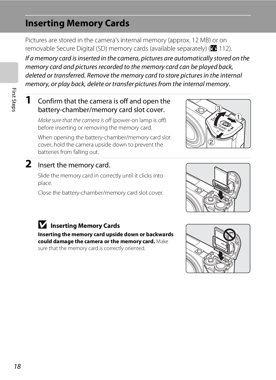 Olympia P60 manual Inserting Memory Cards, Confirm that the camera is off and open, Battery-chamber/memory card slot cover 