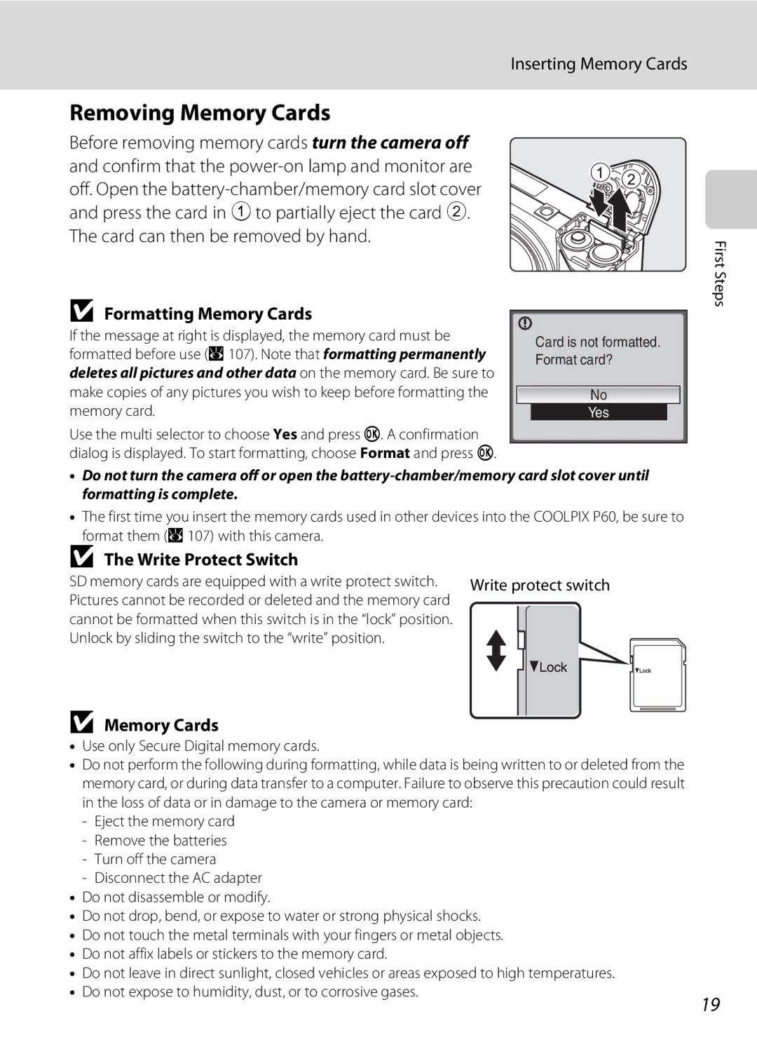 Olympia P60 manual Removing Memory Cards, Inserting Memory Cards, Formatting Memory Cards, Write Protect Switch 