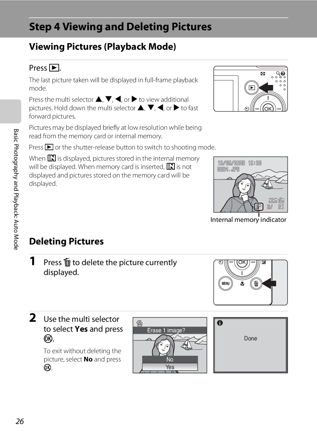 Olympia P60 manual Viewing and Deleting Pictures, Viewing Pictures Playback Mode, Press c 