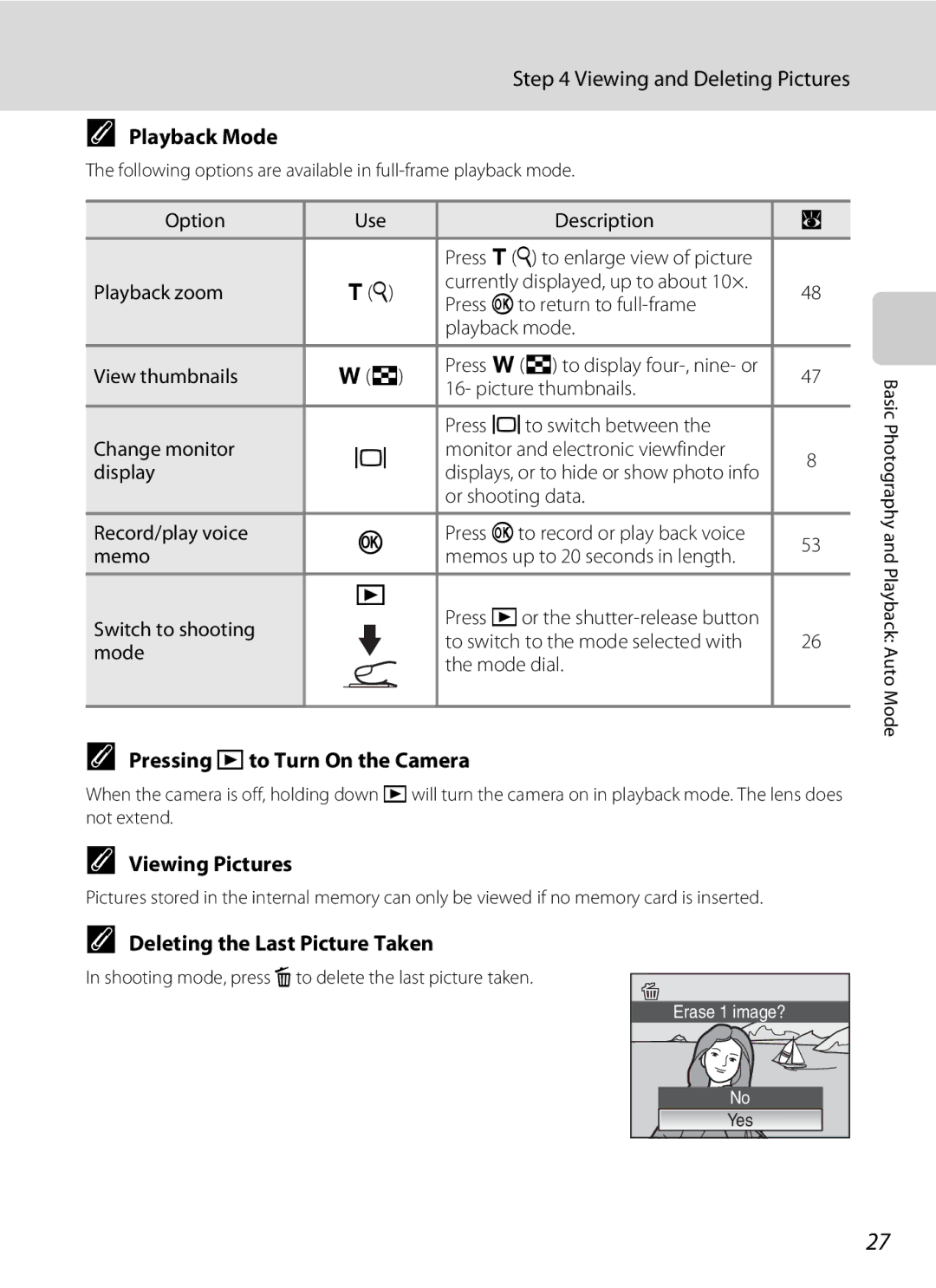 Olympia P60 manual Viewing and Deleting Pictures, Playback Mode, Pressing cto Turn On the Camera, Viewing Pictures 