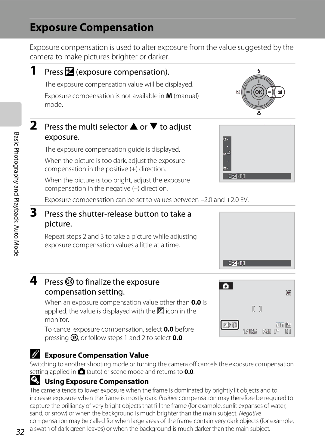 Olympia P60 manual Exposure Compensation, Press oexposure compensation, Press the multi selector Hor Ito adjust Exposure 