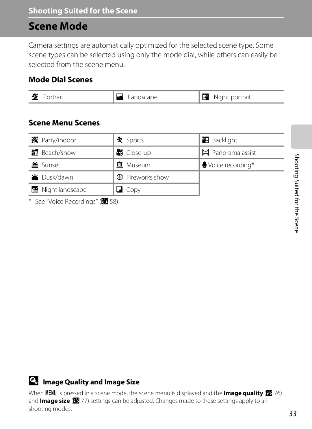 Olympia P60 manual Scene Mode, Mode Dial Scenes, Scene Menu Scenes, Image Quality and Image Size 