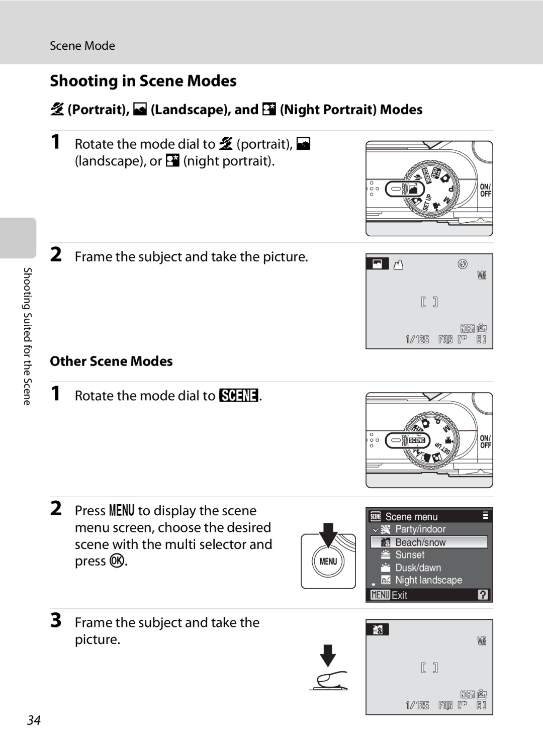 Olympia P60 manual Shooting in Scene Modes, BPortrait, cLandscape, and eNight Portrait Modes, Other Scene Modes 