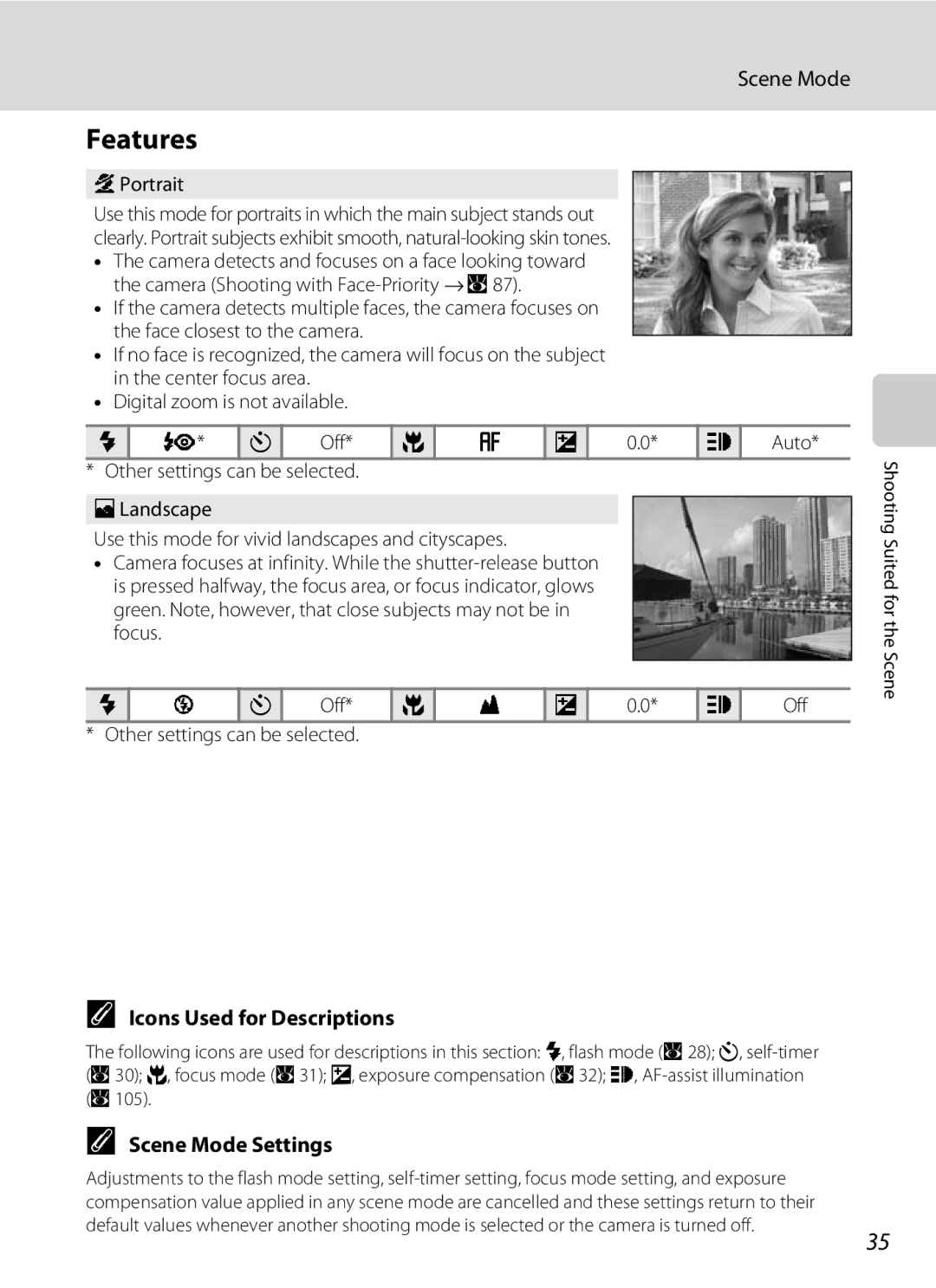 Olympia P60 manual Features, Icons Used for Descriptions, Scene Mode Settings, Portrait, N Off* p B o 0.0* h Off 