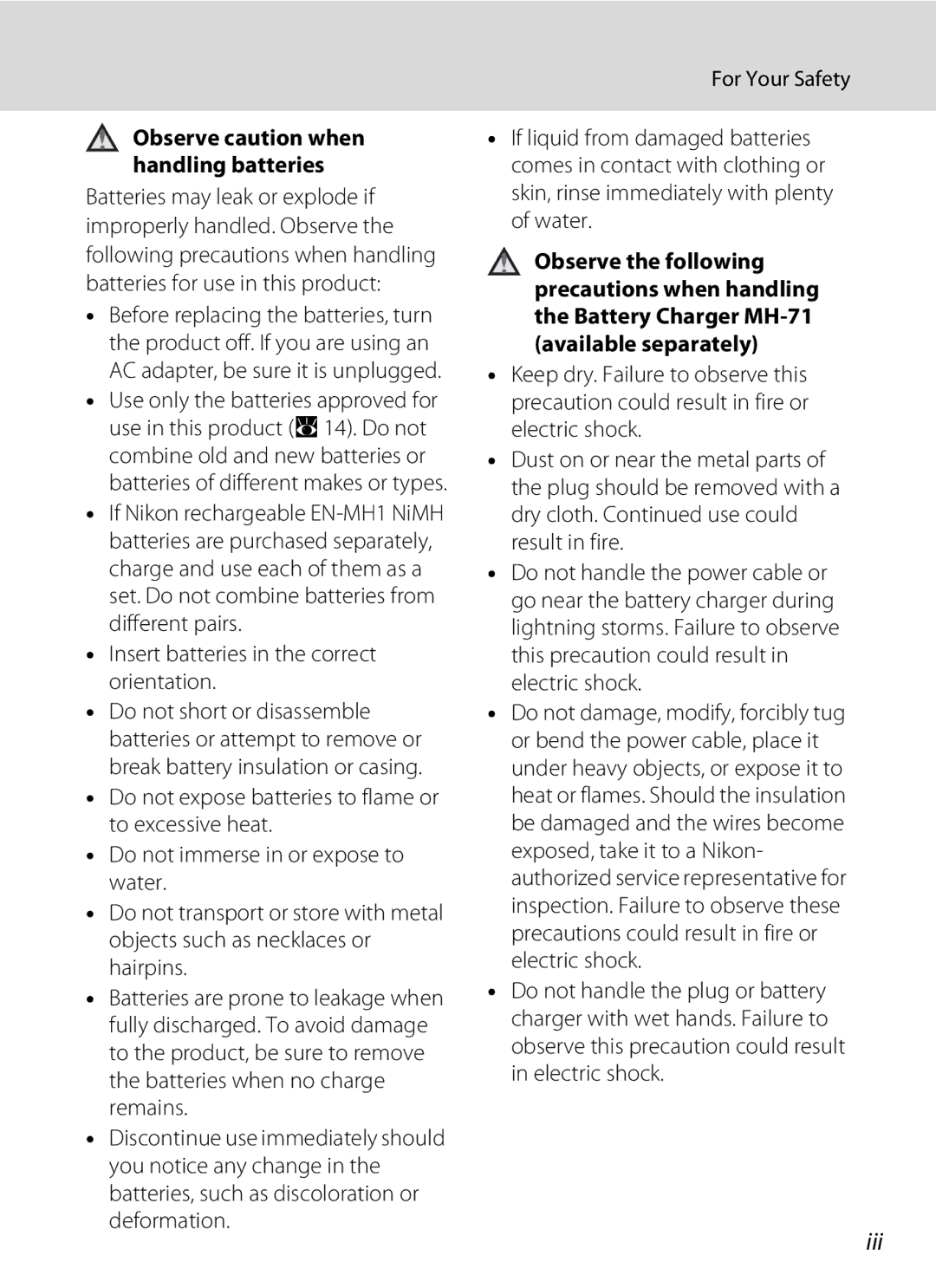 Olympia P60 manual Iii, For Your Safety, Observe caution when handling batteries 