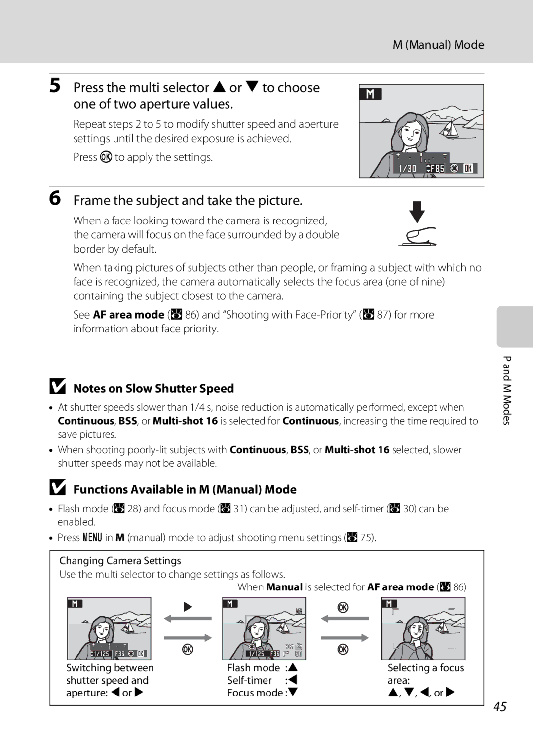 Olympia P60 manual Functions Available in M Manual Mode, Press kto apply the settings 