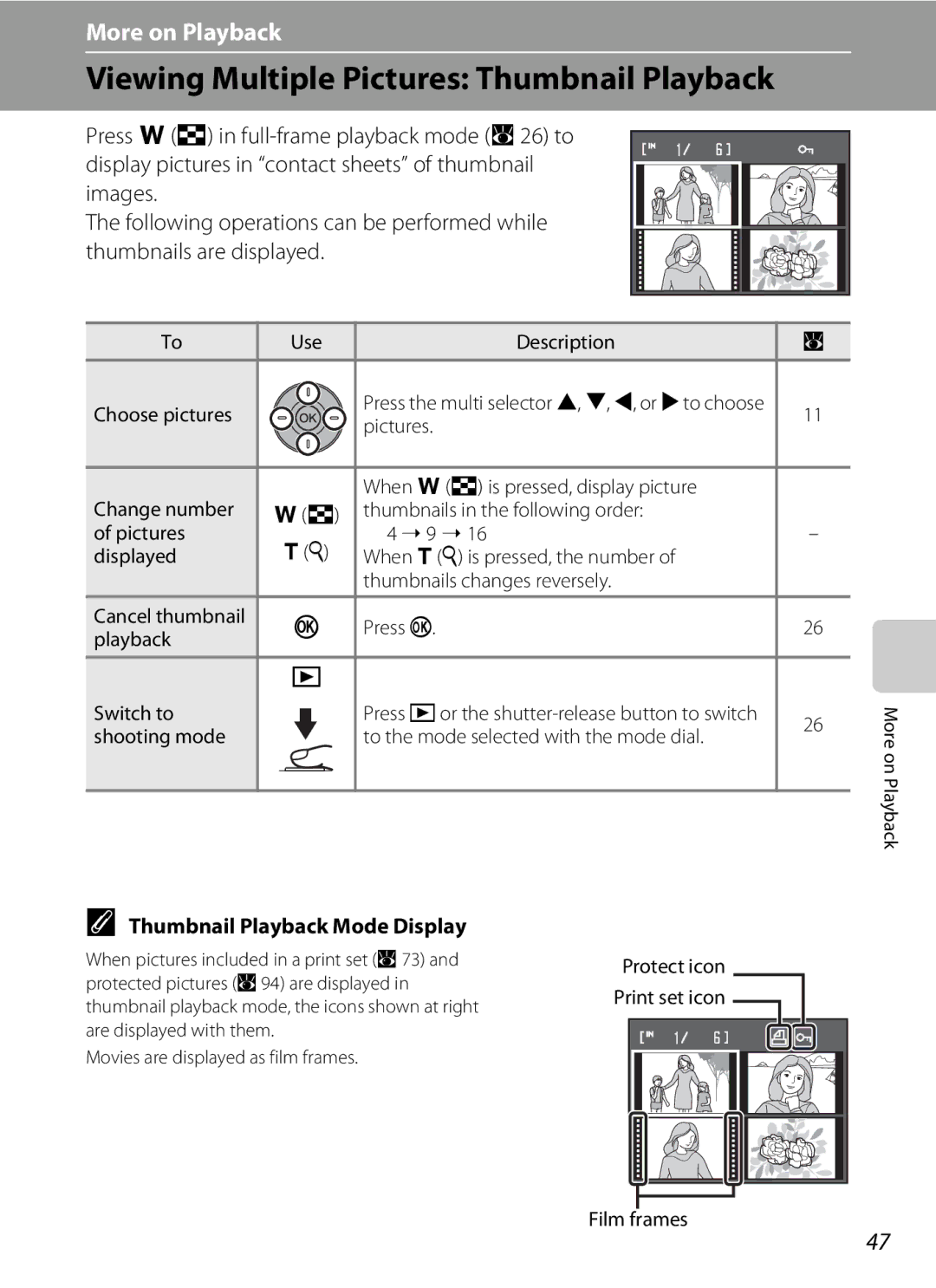 Olympia P60 manual Viewing Multiple Pictures Thumbnail Playback, Thumbnail Playback Mode Display 