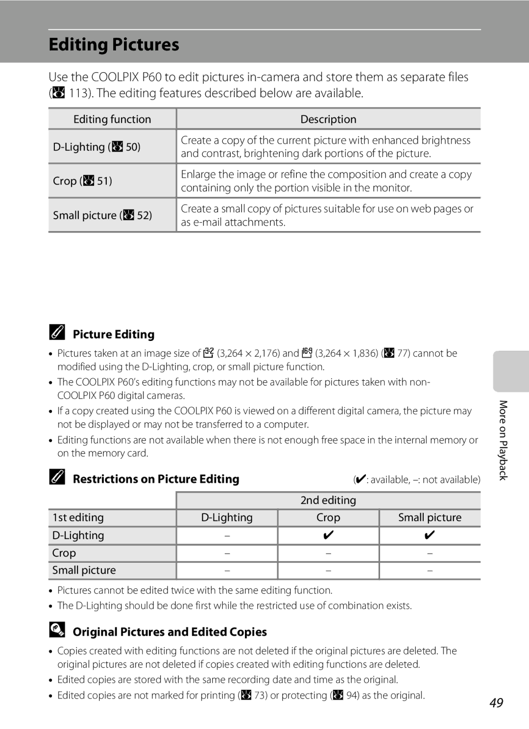 Olympia P60 manual Editing Pictures, Restrictions on Picture Editing, Original Pictures and Edited Copies 