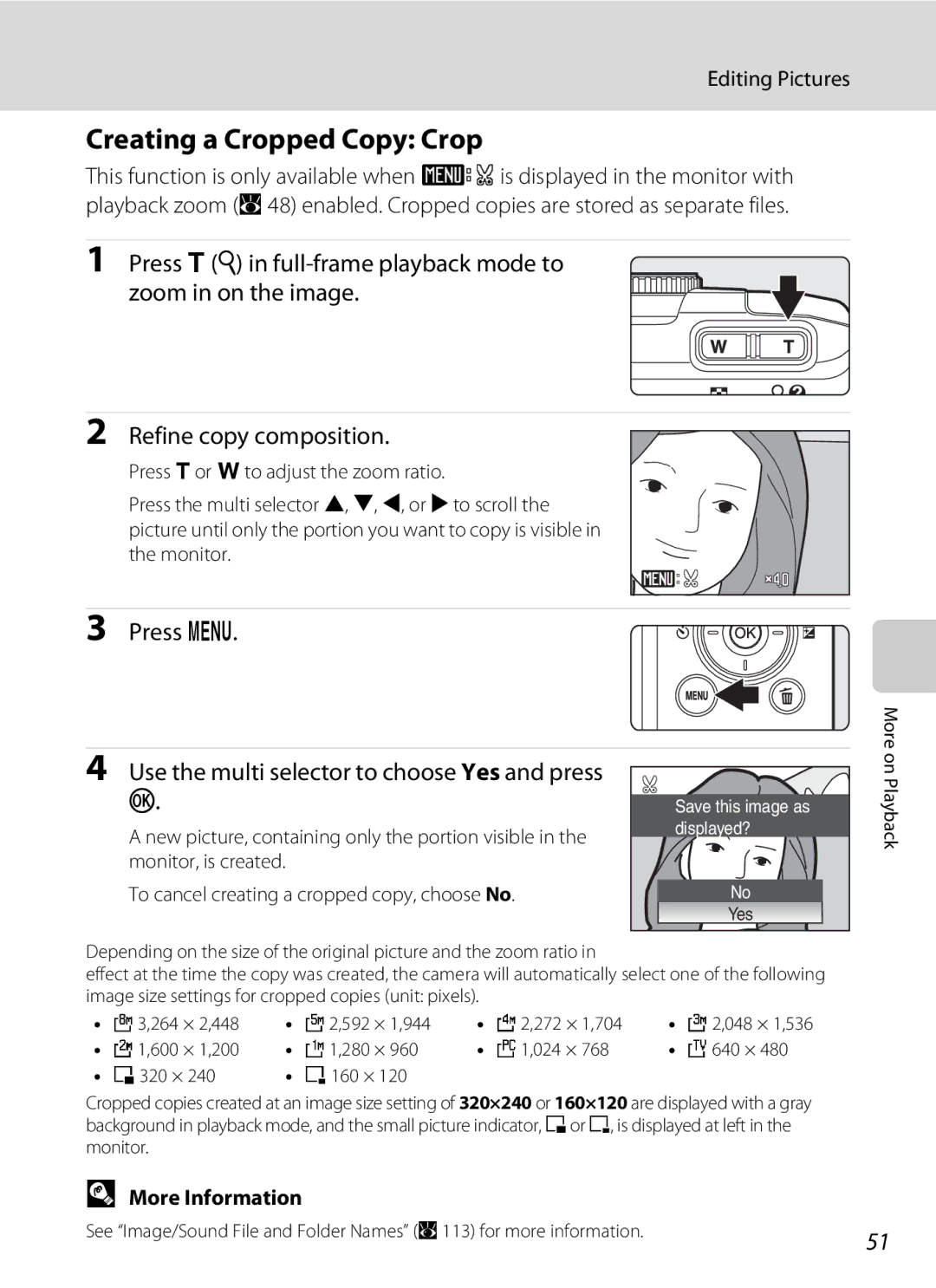 Olympia P60 manual Creating a Cropped Copy Crop, Press d Use the multi selector to choose Yes and press k 