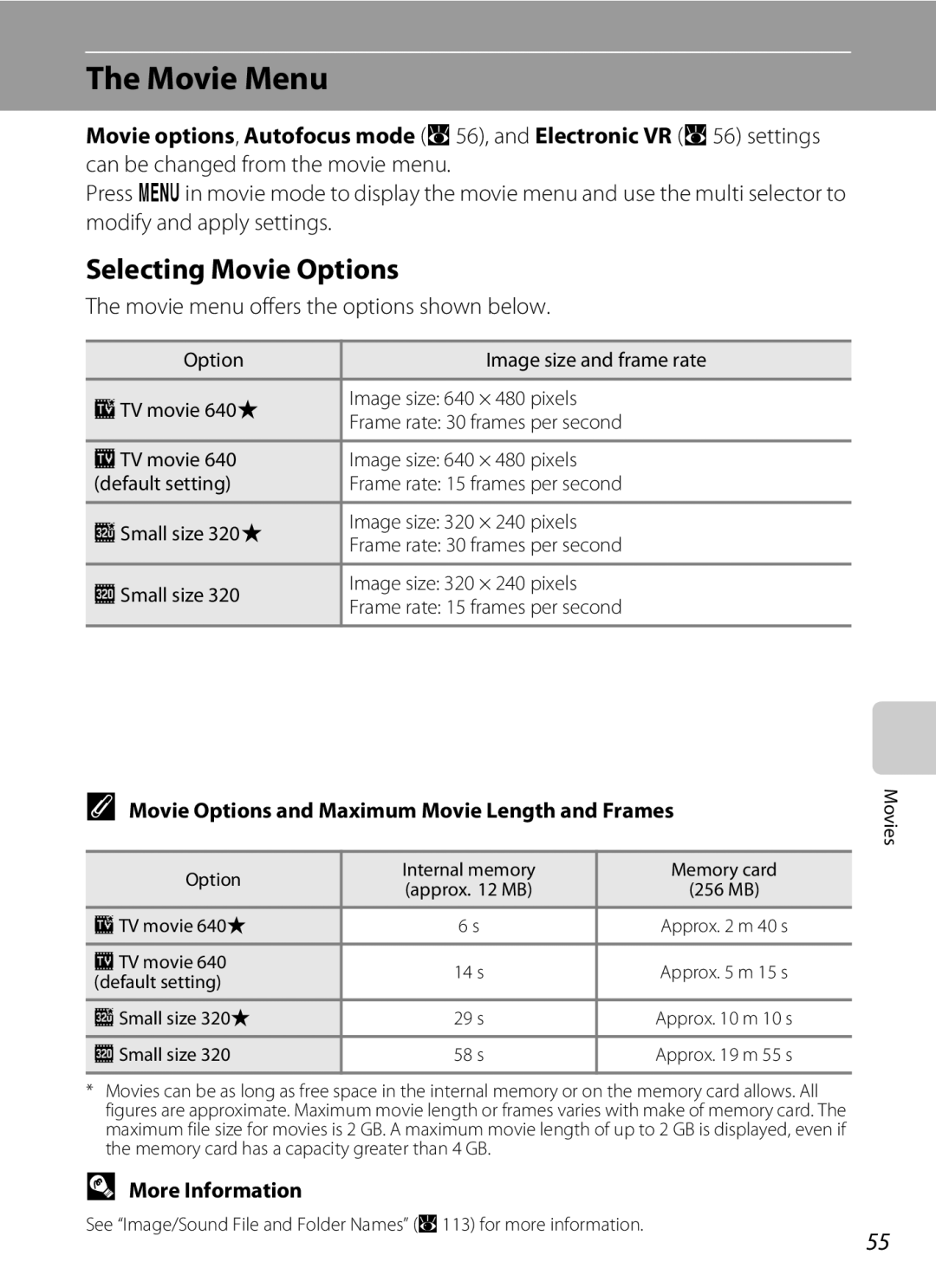 Olympia P60 manual Movie Menu, Selecting Movie Options, Movie menu offers the options shown below 