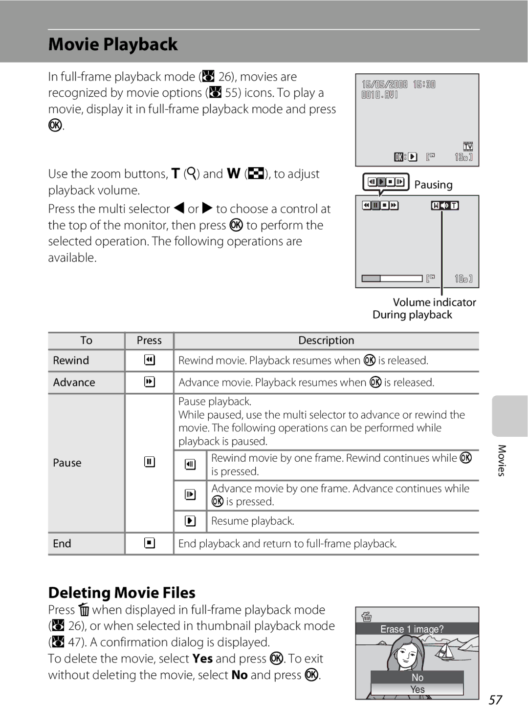 Olympia P60 manual Movie Playback, Deleting Movie Files 