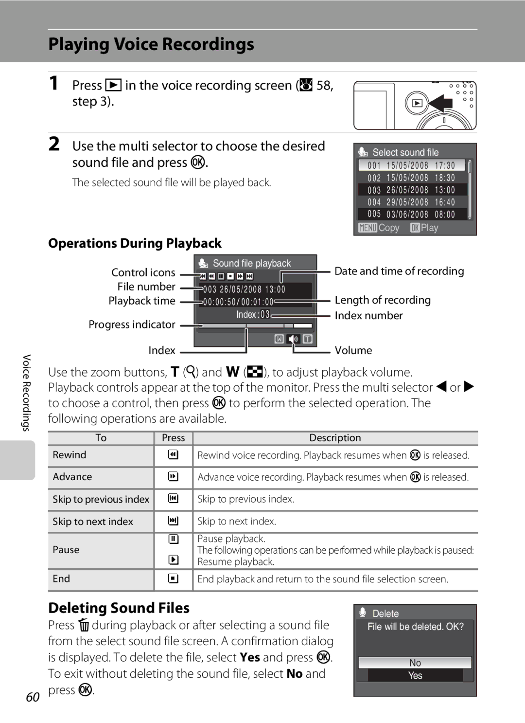 Olympia P60 manual Playing Voice Recordings, Operations During Playback, Press k 