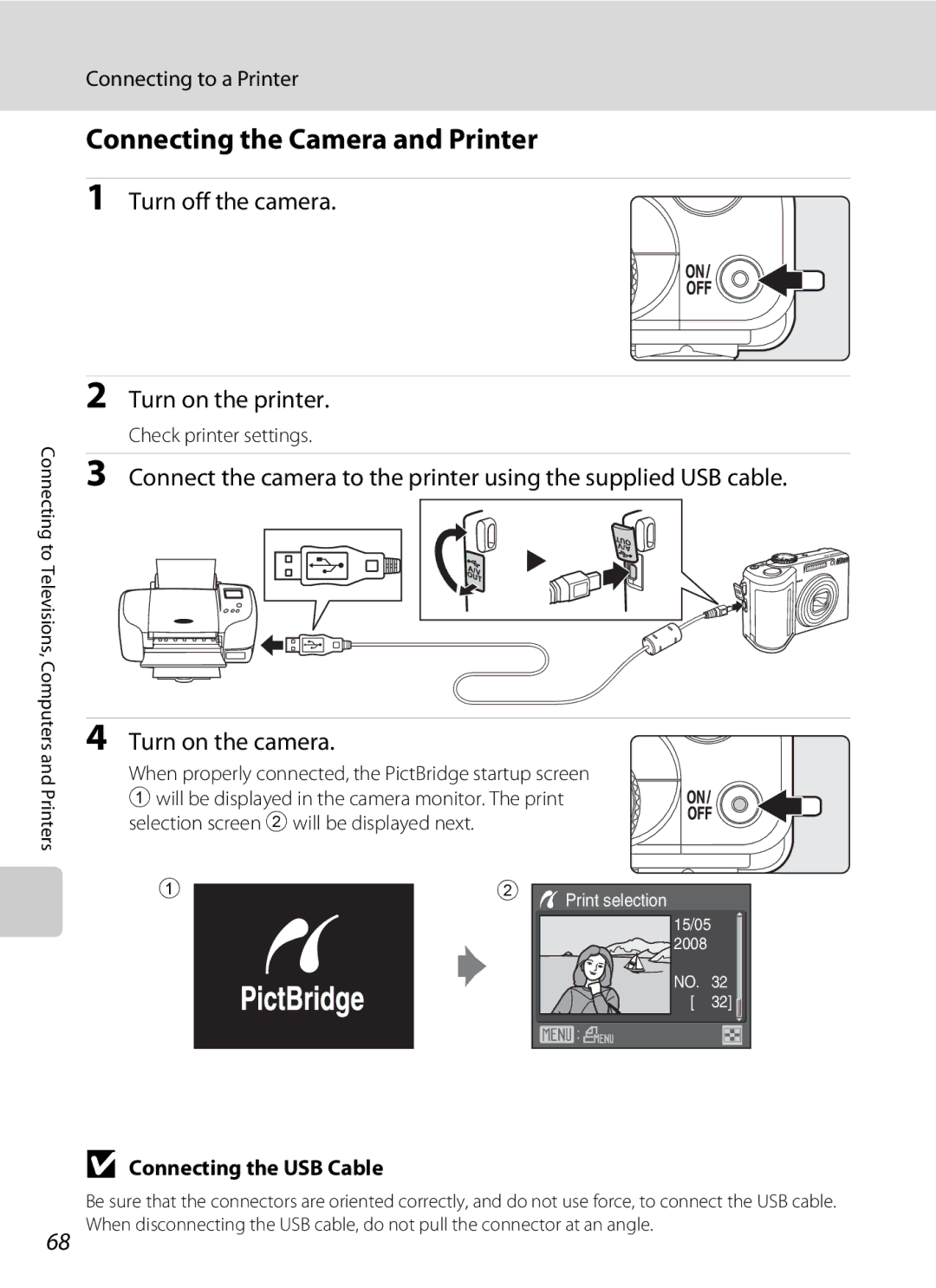 Olympia P60 manual Connecting the Camera and Printer, Turn on the printer, Connecting to a Printer, Check printer settings 