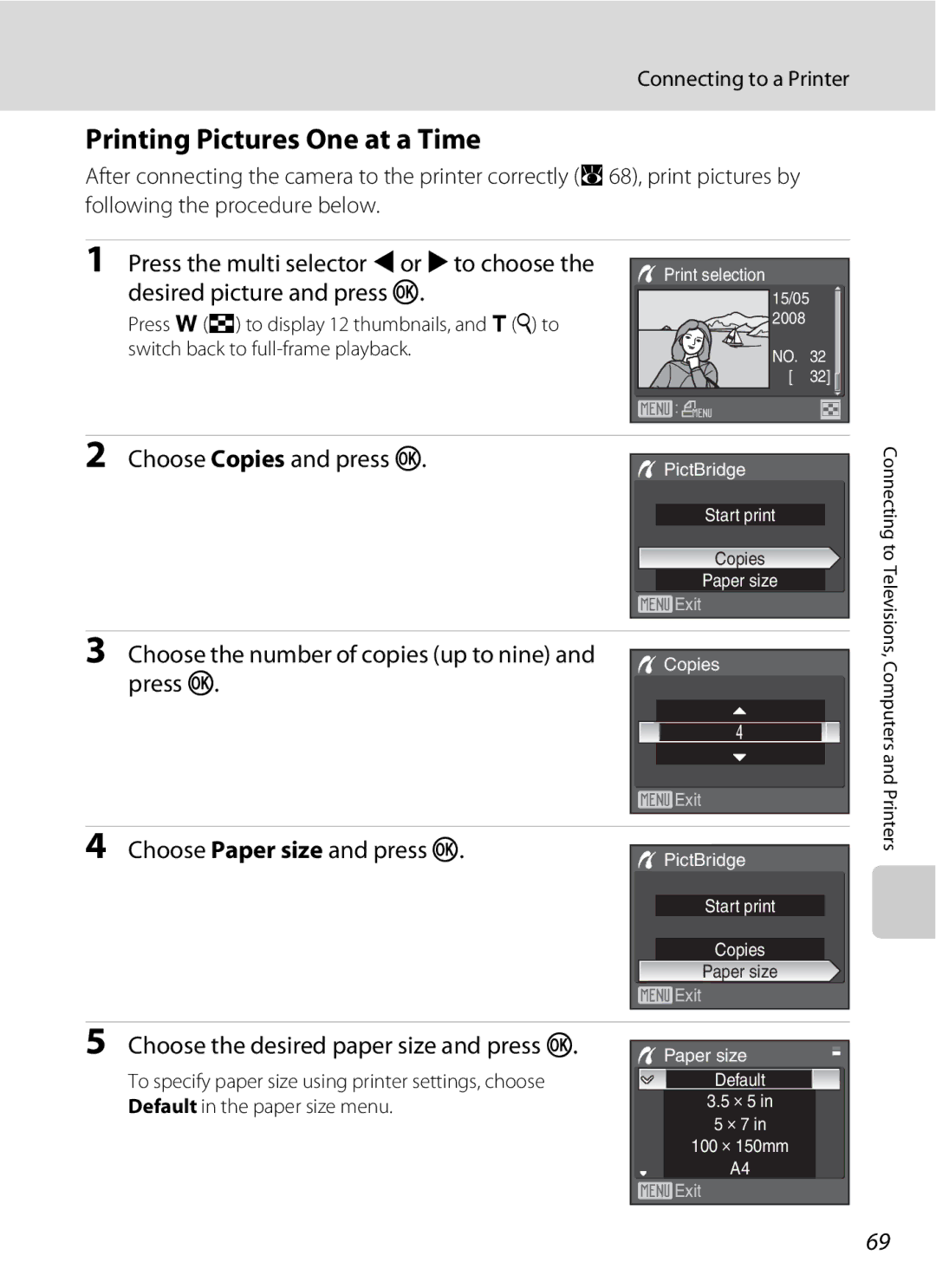 Olympia P60 manual Printing Pictures One at a Time, Choose Copies and press k, Choose the number of copies up to nine 