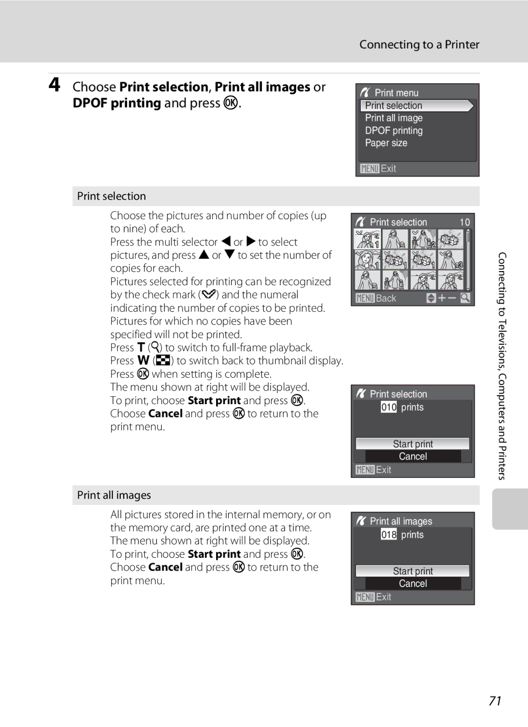 Olympia P60 manual Choose Print selection , Print all images or, Dpof printing and press k 