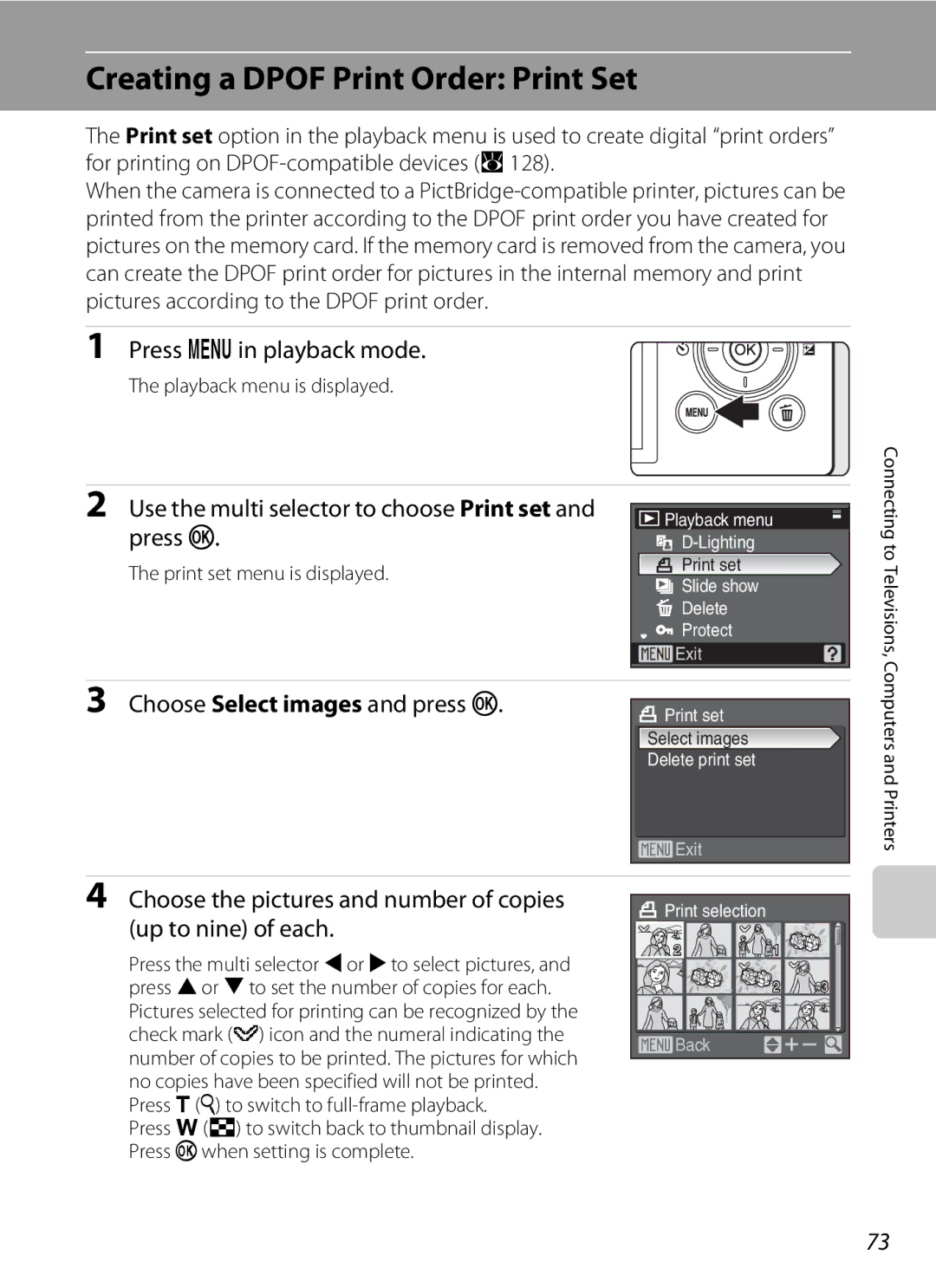 Olympia P60 manual Creating a Dpof Print Order Print Set, Press din playback mode, Choose Select images and press k 