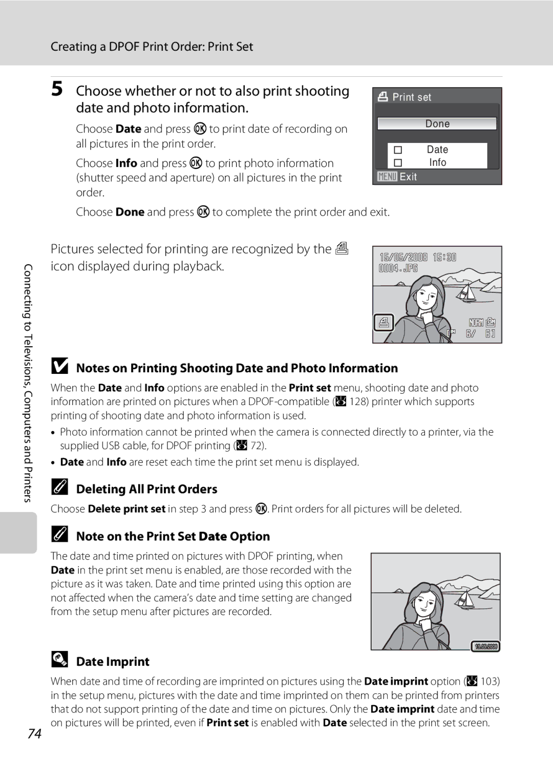 Olympia P60 manual Creating a Dpof Print Order Print Set, Deleting All Print Orders, Date Imprint 