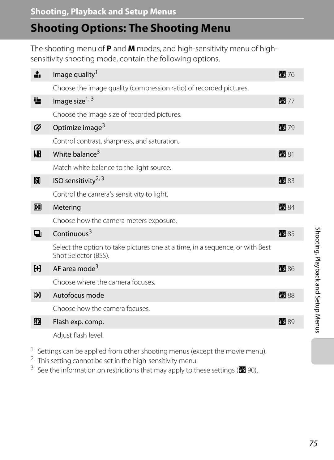 Olympia P60 manual Shooting Options The Shooting Menu, Image quality1 A76 