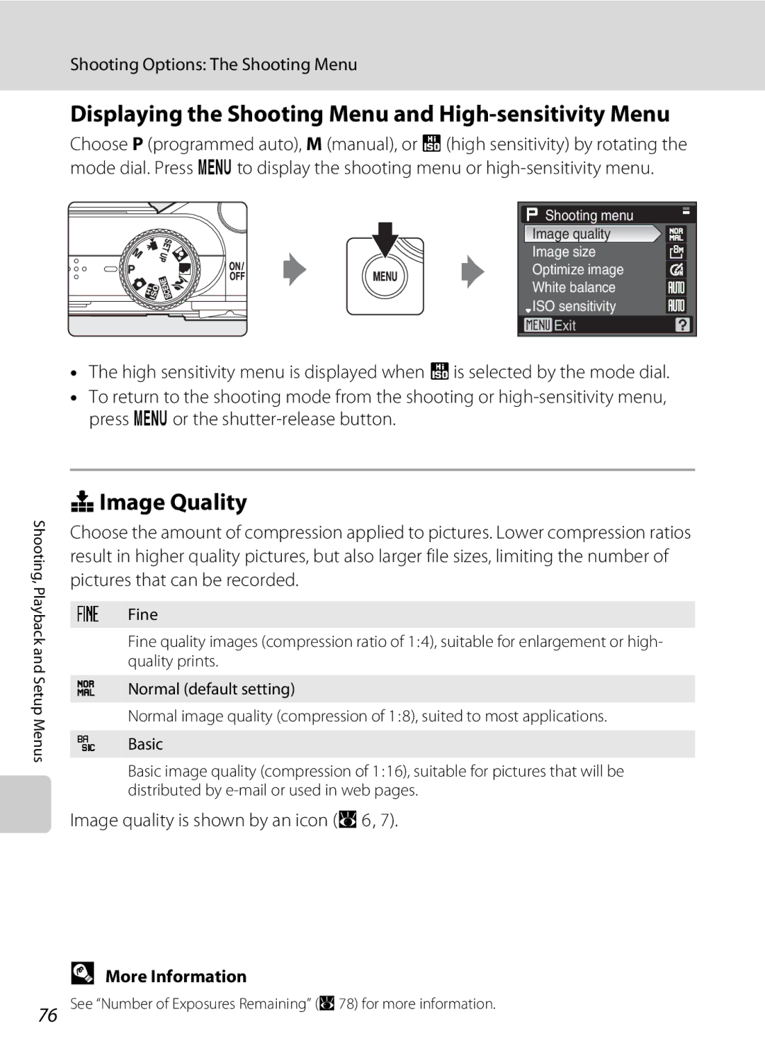 Olympia P60 Displaying the Shooting Menu and High-sensitivity Menu, QImage Quality, Shooting Options The Shooting Menu 