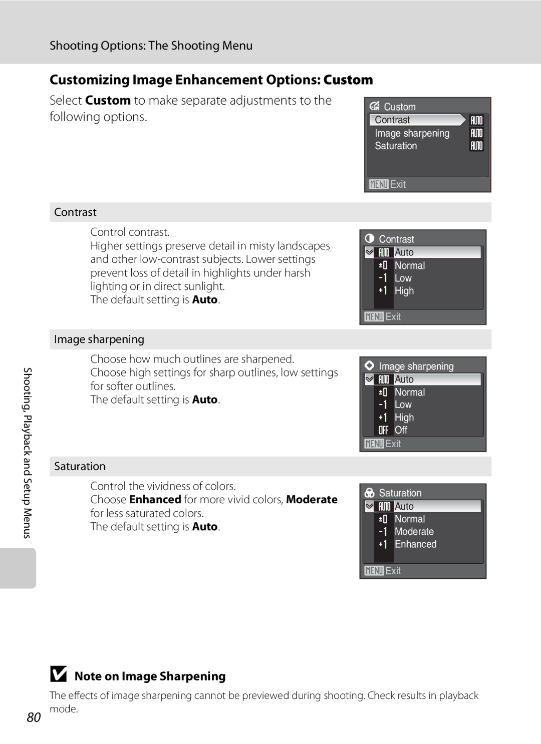 Olympia P60 manual Customizing Image Enhancement Options Custom, Contrast Control contrast, Default setting is Auto 